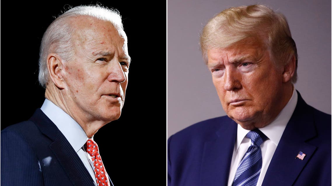 FILE - In this combination of file photos, former Vice President Joe Biden speaks in Wilmington, Del., on March 12, 2020, left, and President Donald Trump speaks at the White House in Washington on April 5, 2020. (AP Photo, File)