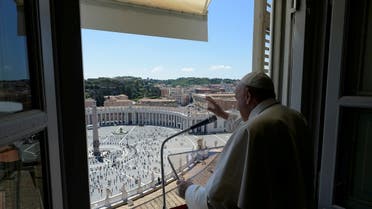 Pope Francis gestures as he leads the Regina Coeli prayer from his window in the newly reopened St. Peter's Square after months of closure. (Reuters)