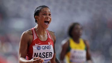 Salwa Eid Naser reacts after winning the gold medal in the women's 400 meter final at the World Athletics Championships in Doha, Qatar on Oct. 3, 2019. (AP)