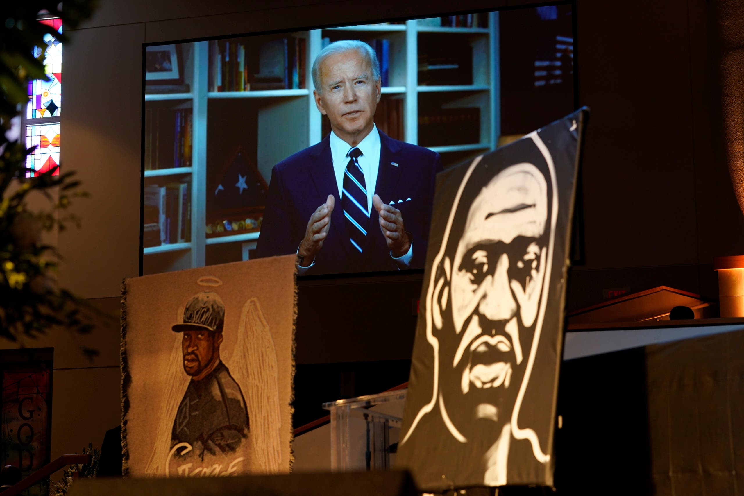 Former Vice President Joe Biden speaks via video link as family and guests attend the funeral service for George Floyd on June 9, 2020 in Houston. (AP)