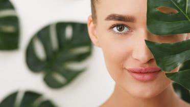 Woman with natural make up and green leaf stock photo