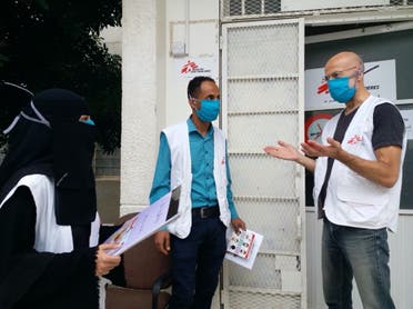 MSF non-medical staff wear locally-made cloth masks at MSF's project in Taiz City, May 2020. (MSF)
