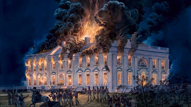 رسم تخيلي لحادثة إحراق البيت الأبيض على يد البريطانيين
