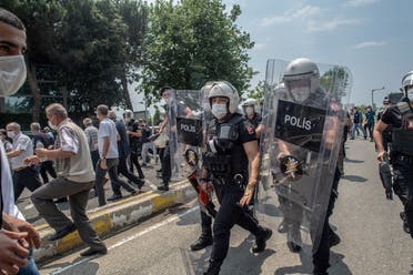 Demonstrators clash with Turkish riot police during a “March for Democracy” called by HD), after three opposition MPs were revoked and sent to prison at Silivri, in Istanbul, on June 15, 2020. (AFP)