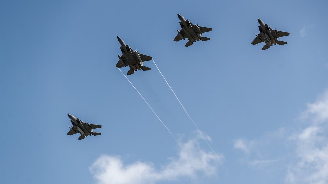 US Air Force F-15 fighter jets fly over Vierville-sur-Mer, northwestern France, on June 6, 2020, as part of D-Day commemorations marking the 76th anniversary of the World War II Allied landings in Normandy. For the first time in 75-years, official commemorations marking the 1944 D-Day landings, which marked the beginning of the end of Nazi Germany, have been canceled except for a limited gathering of representatives from nine countries for a short ceremony. Many of this year’s events will be relayed by live stream to the dwindling number of elderly former soldiers who took part in the allied landings along 80kms (50miles) of beaches.