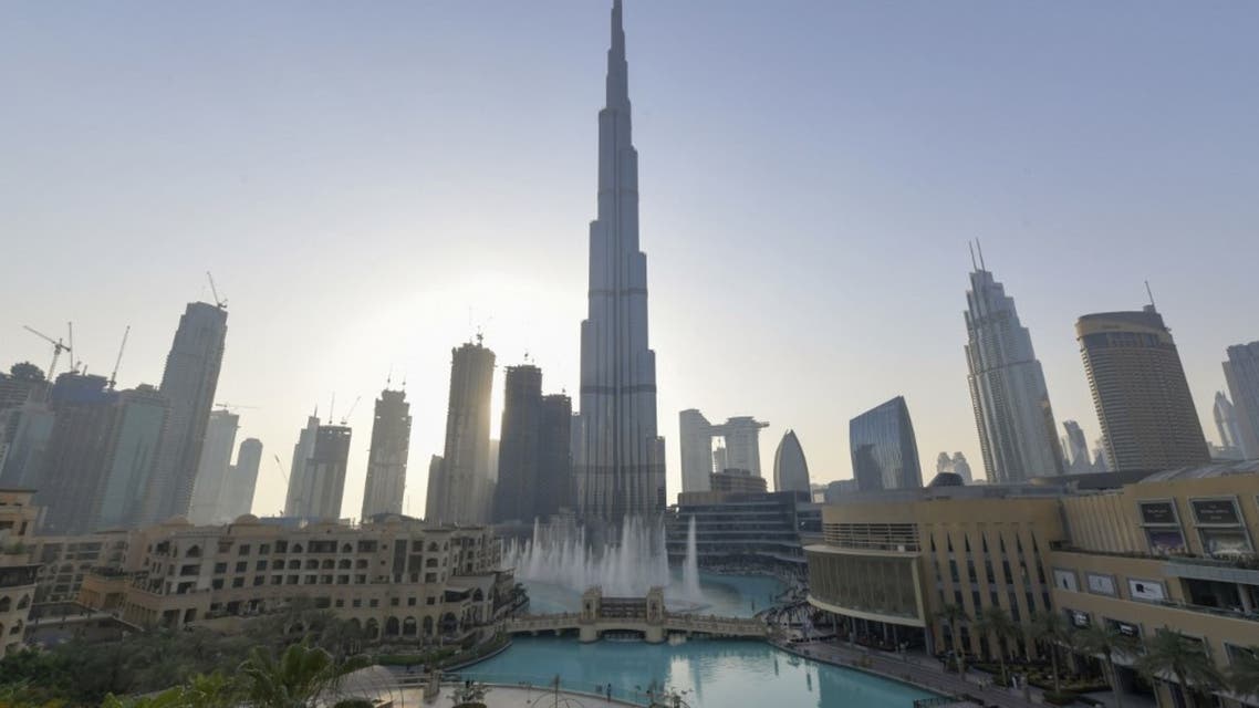 Dubai's fountain show resumes beneath the Burj Khalifa tower, on June 5, 2020, as the Gulf emirate emerges from a lockdown imposed due to the coronavirus pandemic. (AFP)