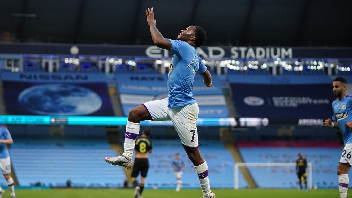 Raheem Sterling celebrates scoring for Manchester City against Arsenal, June 17, 2020. (AFP)
