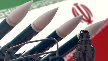 Cruise missiles on the background of the flag of Iran. The concept of a military conflict in the Persian Gulf. stock photo