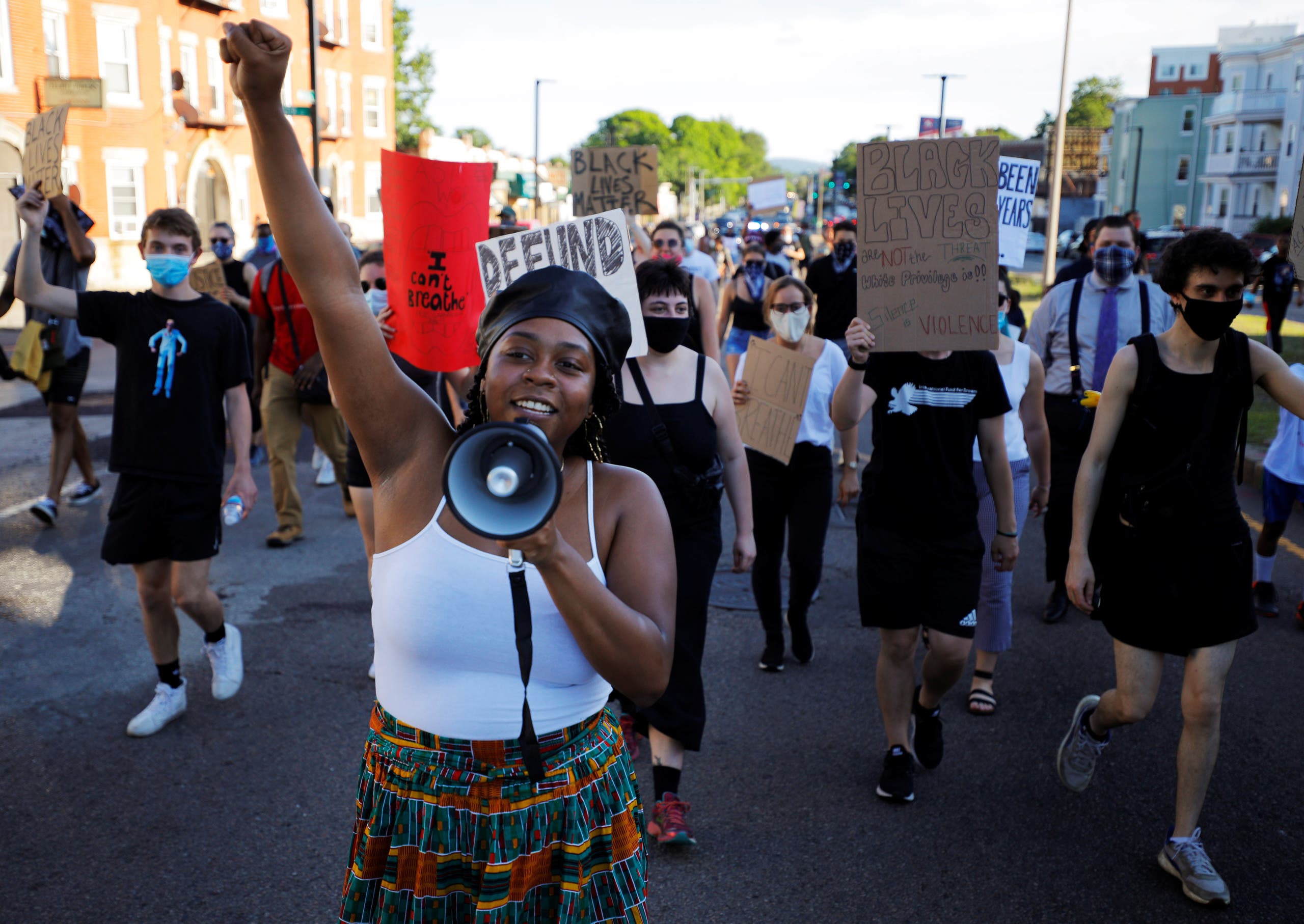 Shannon Greaves helps lead a Juneteenth Awareness Walk to demonstrate against racial inequality in the aftermath of the death in Minneapolis police custody of George Floyd, in Boston, Massachusetts, US, June 18, 2020. (Reuters)