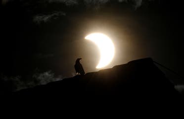 A crow stands on a roof as a partial solar eclipse is observed in Nairobi, Kenya, June 21, 2020. (Reuters)