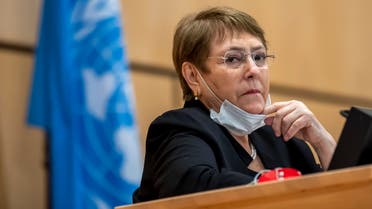 UN High Commissioner for Human Rights Michelle Bachelet wearing a protective face mask attends at the Human Rights Council on June 17, 2020 in Geneva. (AFP)