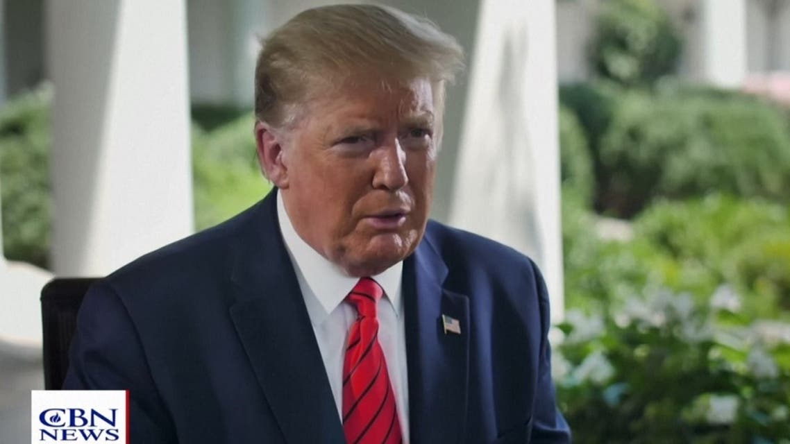 A screengrab of US President Donald Trump being interviewed by CBN news’ David Brody (unseen) at the white house, June 23, 2020. (Reuters)