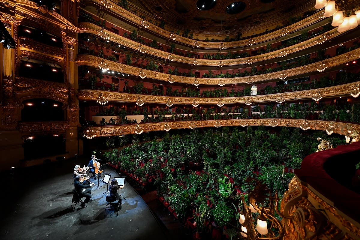 The Uceli Quartet perform for an audience made of plants during a concert created by Spanish artist Eugenio Ampudia. (AFP)