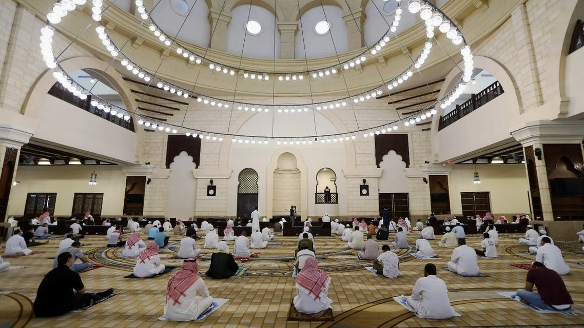 Muslims perform the Friday prayers inside the Al-Rajhi Mosque while practicing social distancing, amid the coronavirus outbreak, in Riyadh, Saudi Arabia, June 5, 2020. (Reuters)