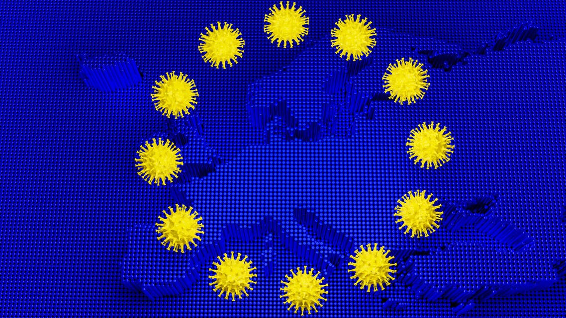 3D render: Outbreak of new Coronavirus 2019-nCoV in Europe - Schematic image of viruses of the Corona family on a blue image of a europe map imitating the stars on the european union flag stock photo