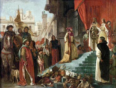 لوحة تجسد عودة كولومبوس ومثوله أمام ملك وملكة إسبانيا