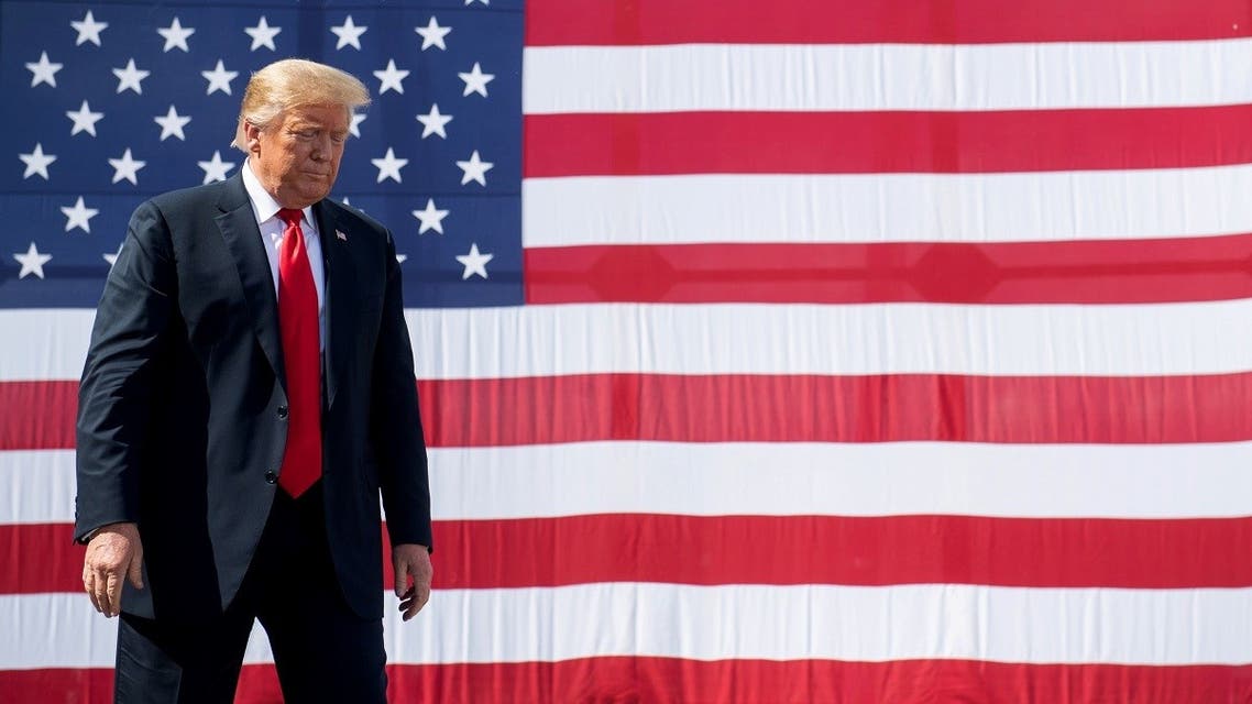 In this file photo taken on June 25, 2020 US President Donald Trump gestures following a tour of Fincantieri Marinette Marine in Marinette, Wisconsin. (AFP)