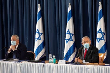Netanyahu and Gantz attend the weekly cabinet meeting in Jerusalem, June 14, 2020. (Reuters) 