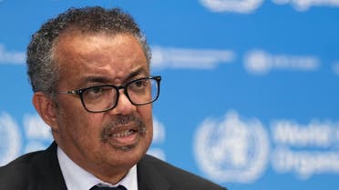 This handout image provided by the World Health Organization (WHO) on May 27, 2020 in Geneva shows WHO Director-General Tedros Adhanom Ghebreyesus during the launch of a new foundation for private donations, amid the COVID-19 pandemic,. (AFP)