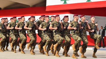 Lebanese army soldiers during a parade commemorating the 76th anniversary of Lebanon’s independence at the Defense Ministry headquarters southeast of Beirut on November 22, 2019. (AFP)