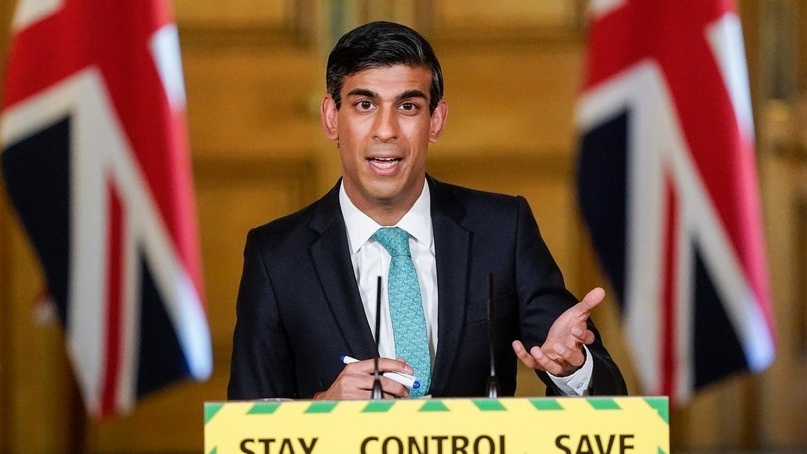 Britain's Chancellor of the Exchequer Rishi Sunak speaking at a remote press conference to update the nation on the COVID-19 pandemic, inside 10 Downing Street in central London on May 29, 2020. (AFP)