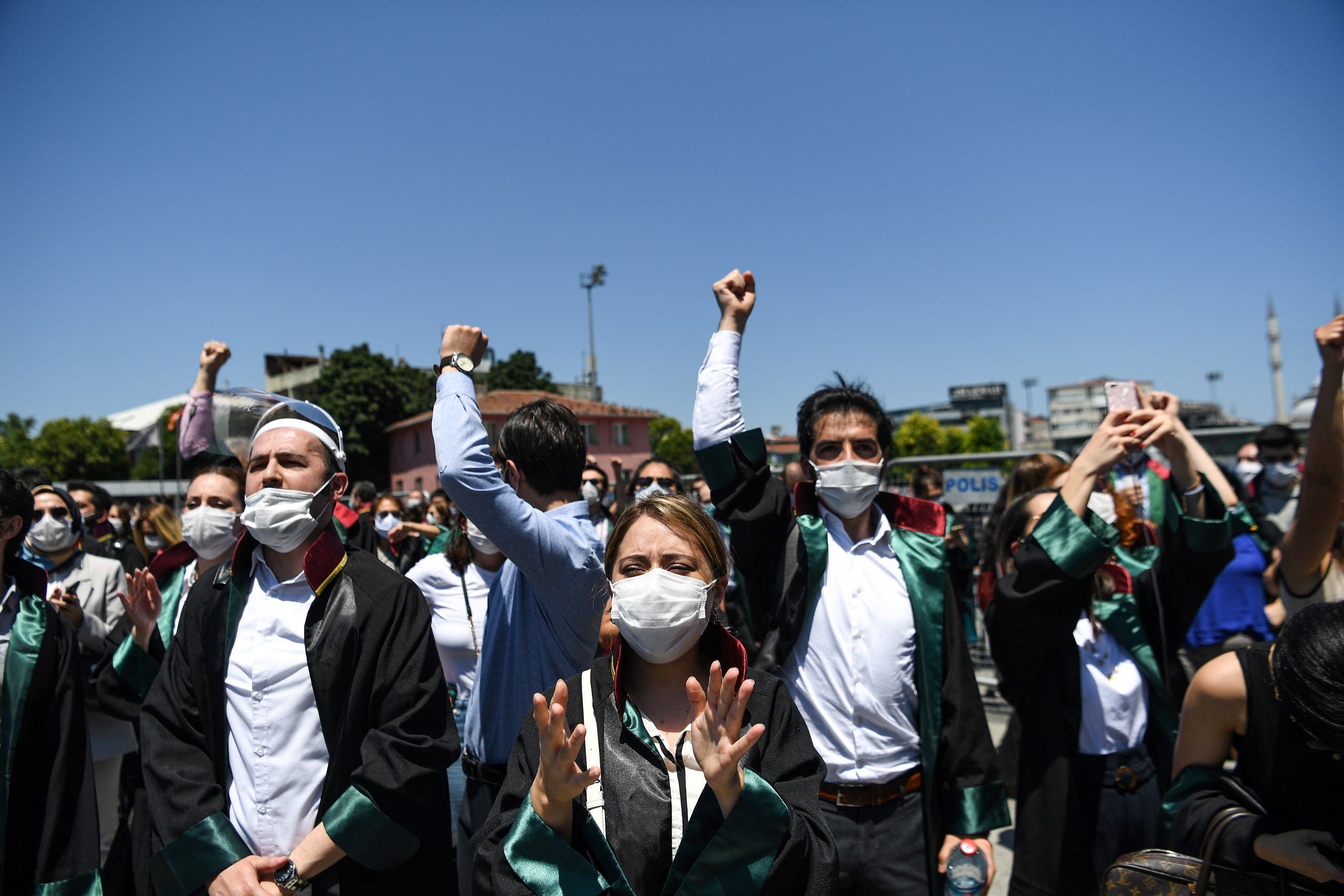Lawyers demonstrate in front of Istanbul's courthouse, on June 30, 2020. (AFP)