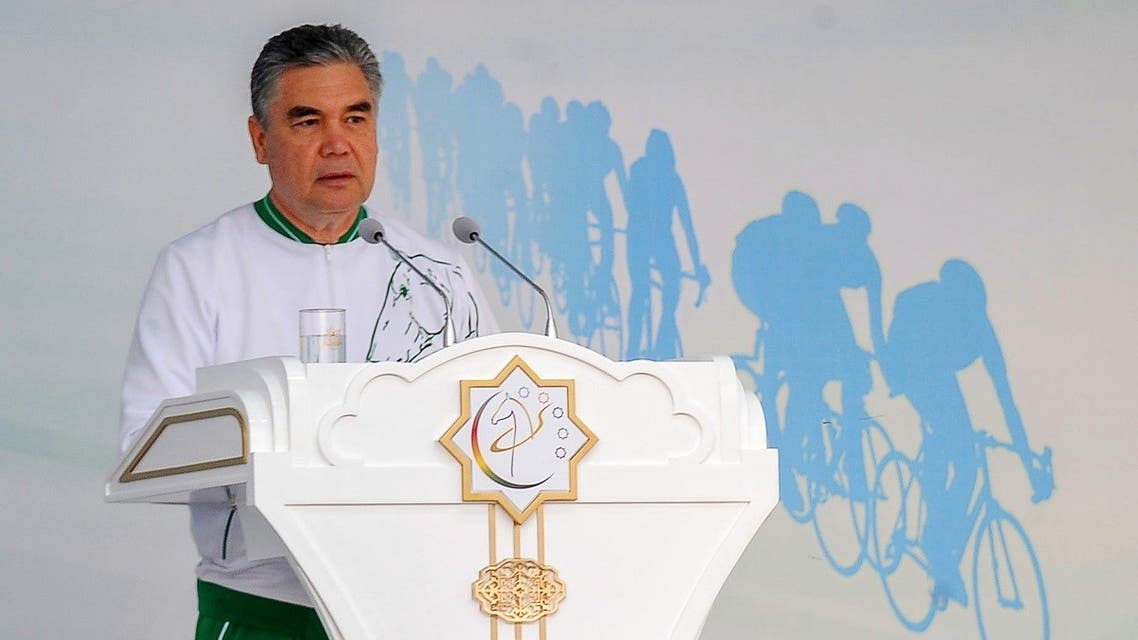 Turkmenistan's President Gurbanguly Berdymukhamedov delivers a speech on stage as he attends World Bicycle Day in Ashgabat on June 3, 2020. (AFP)