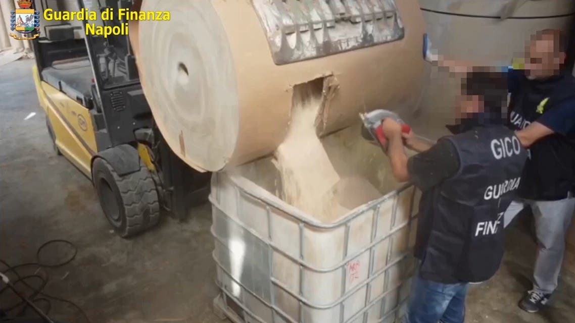 This photo by the Naples branch of the Italian Guardia di Finanza law enforcement agency shows a record seizure of 14 tons of amphetamines, in the form of 84 million captagon tablets produced in Syria by the ISIS Group. (AFP / Guardia di Finanza handout)