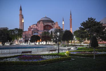 A picture taken on April 24, 2020 shows the Blue Mosque square with Hagia Sophia museum in background. (AFP)