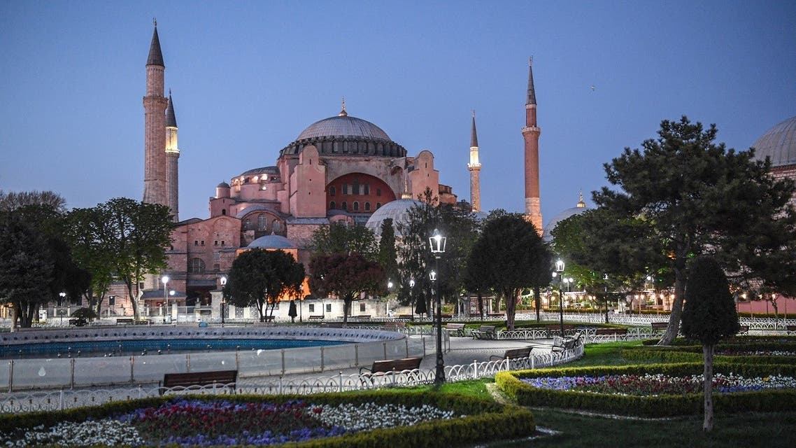 A picture taken on April 24, 2020 shows the Blue Mosque square with Hagia Sophia museum in background. (AFP)