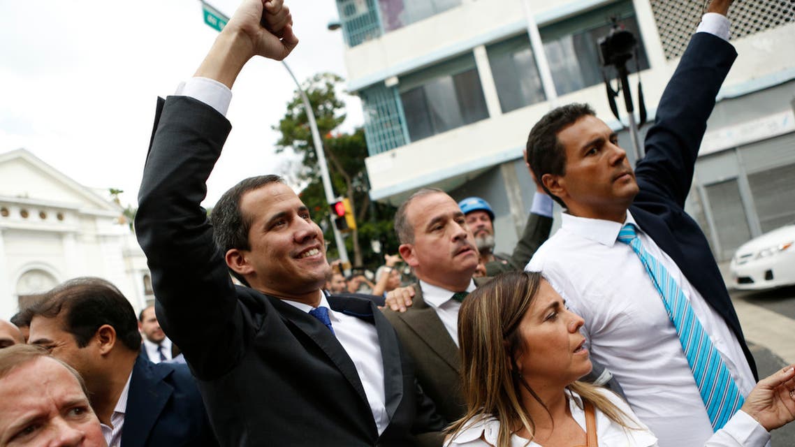 Opposition leader Juan Guaido leaves the National Assembly after initially blocked by National Guard from entering, in Caracas, Venezuela on Jan. 7, 2020. (AFP)