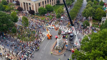 Workers prepare to remove the statue of Confederate General Stonewall Jackson from it's pedestal, July 1, 2020, in Richmond, Va. (AP)