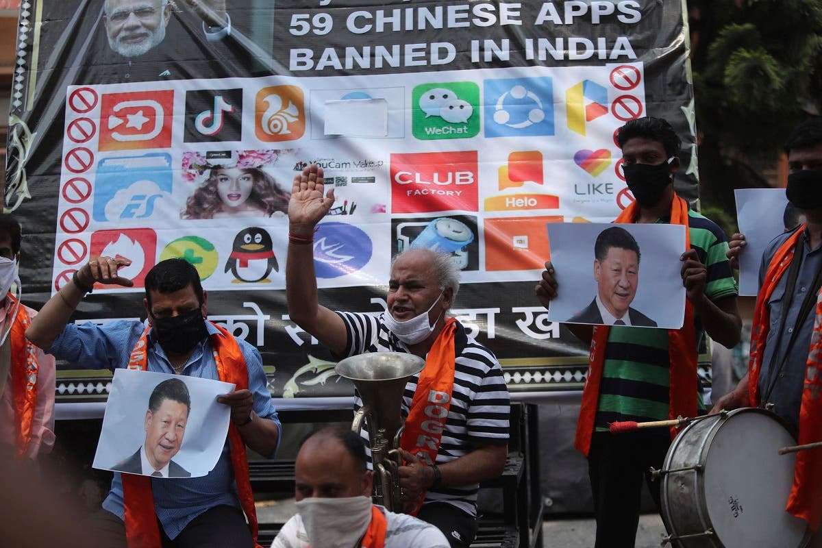 Activists of Jammu and Kashmir Dogra Front shout slogans against Chinese President Xi Jinping during a protest in Jammu, India, on July.1, 2020. (AP)