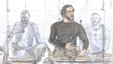 A court sketch made on June 25, 2020 at the Paris courthouse shows French jihadist also called the Islamic State emir Tyler Vilus speaking during the opening of his trial. (AFP)