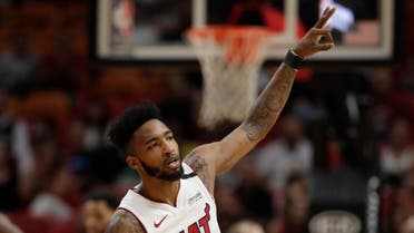 Miami Heat forward Derrick Jones Jr. celebrates a three-point shot. (AP)