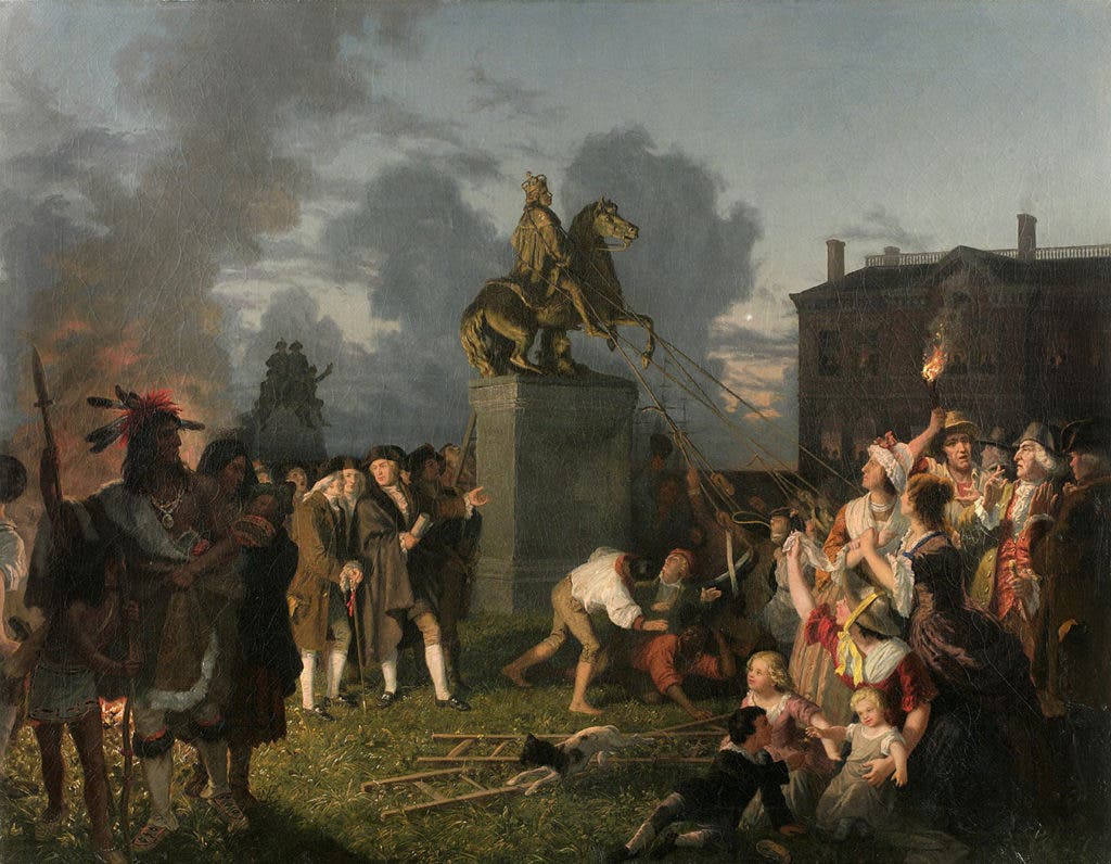 لوحة زيتية تجسد حادثة اقتلاع تمثال الملك جورج الثالث بنبورك