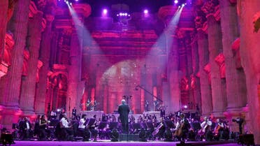 Maestro Harout Fazlian conducts rehearsals ahead of the Sound of Resilience concert inside the Temple of Bacchus at the historic site of Baalbek in Lebanon's eastern Bekaa Valley, on July 4, 2020. (AFP)