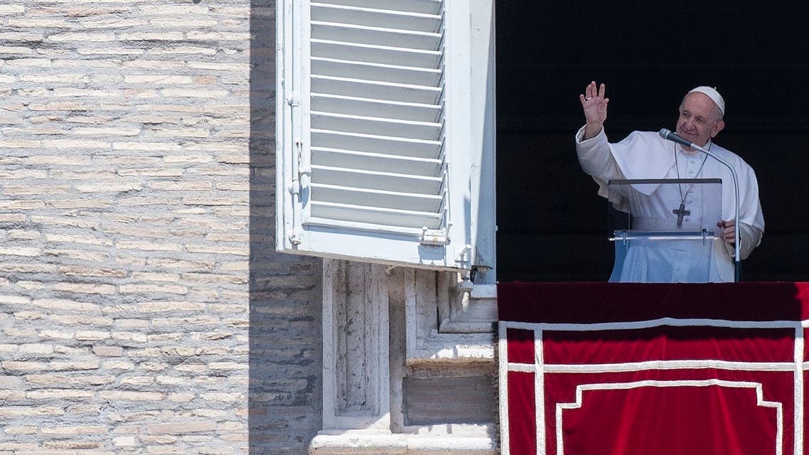 Pope Francis addresses the crowd from the window of the apostolic palace overlooking Saint Peter's square during his Sunday Angelus prayer on July 5, 2020. (AFP)