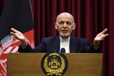 Afghan President Ashraf Ghani gestures as he speaks during a press conference at the presidential palace in Kabul on March 1, 2020. (AFP)