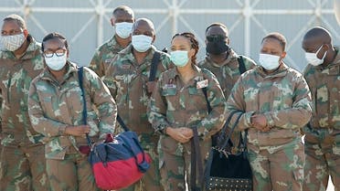  South African National Defense Force military health practitioners arrive at Air Force Station Port Elizabeth on the north-eastern side of the Port Elizabeth Airport, on July 5, 2020. (AFP)