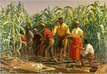 لوحة تجسد عددا من العبيد أثناء عملهم بإحدى مزارع قصب السكر