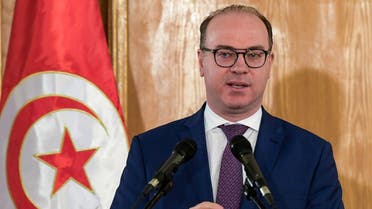 Tunisia's new Prime Minister Elyes Fakhfakh speaks during the government handover ceremony in Carthage on the eastern outskirts of the capital Tunis on February 28, 2020. (AFP)