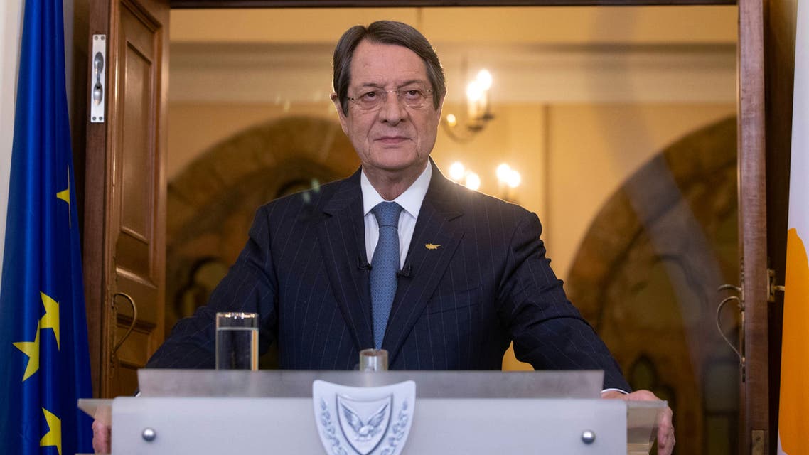 A handout picture provided by the Cypriot government's Press and Information Office (PIO) shows President Nicos Anastasiades announcing the stages of the lifting of some lockdown measures that had been implemented in the country in order to control the spread of the novel coronavirus, at the presidential palace in the capital Nicosia on April 29, 2020. The Republic of Cyprus, which controls the southern two-thirds of the divided eastern Mediterranean island, has recorded 843 cases including 15 deaths from the novel coronavirus since early March.