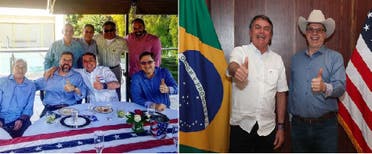 صورتان من الغداء الذي دعت إليه السفارة الأميركية، بولسونارو مع السفير الأميركي ومع عدد من المدعوين، والجميع بلا كمامة
