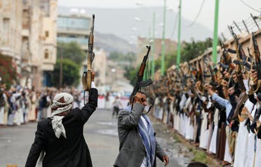 Houthi followers wave up their weapons during a gathering in Sanaa, Yemen. (File photo: Reuters)