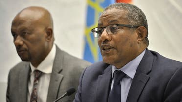 Ethiopian Minister for Foreign Affairs Gedu Andargachew (R) gives a press conference jointly with Ethiopia's Minister of Water, Irrigation and Energy, Seleshi Bekele, on March 3, 2020 at the Ethiopian capital Addis Ababa where they criticized what they called 'undiplomatic statements' by the United States. Ethiopia on March 3, 2020, accused the United States of being undiplomatic in its push to resolve a row over a giant dam on the Nile River but vowed to continue with ongoing talks. The Grand Ethiopian Renaissance Dam, set to become the largest hydropower plant in Africa, has been a source of tension between Addis Ababa and Cairo since Ethiopia broke ground on it in 2011.