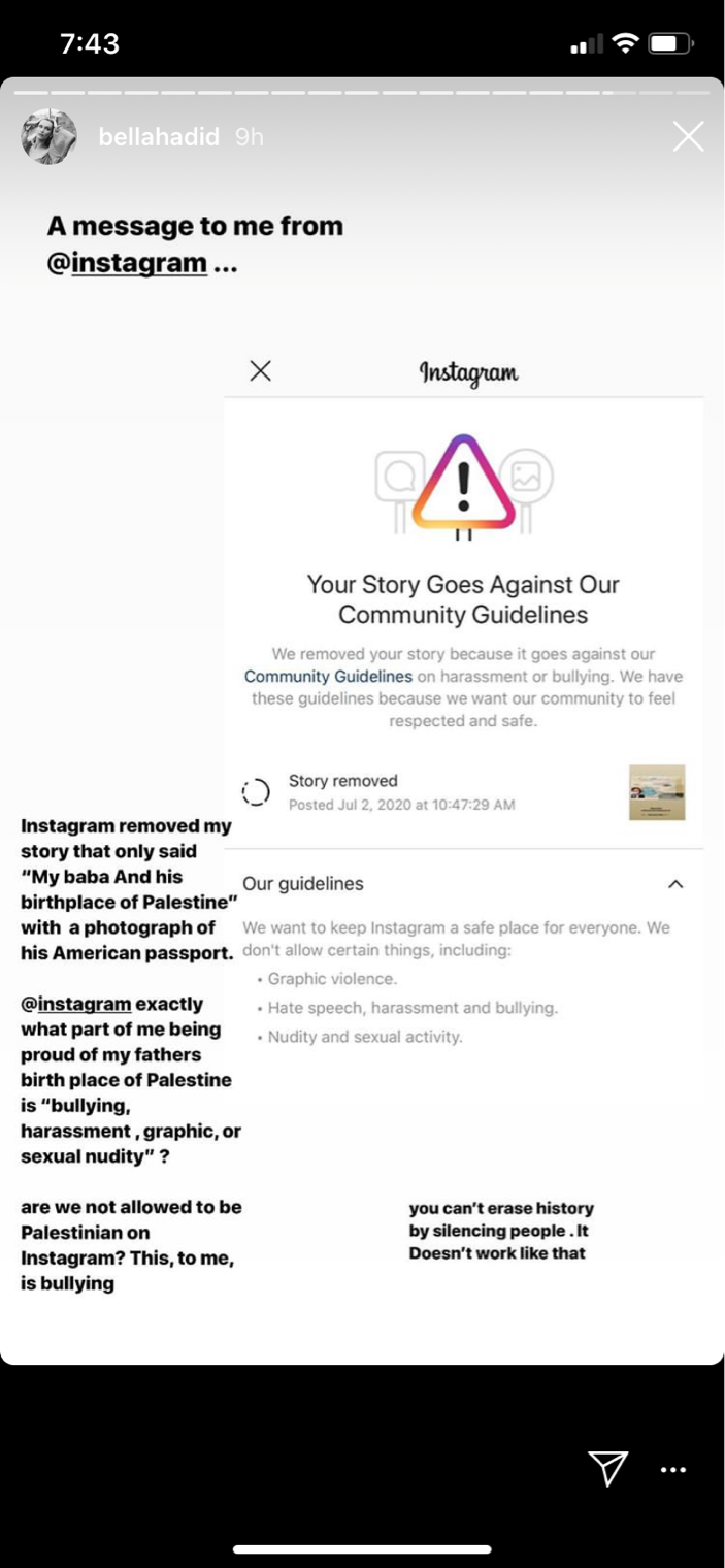 Bella Hadid criticizes Instagram for removing her story about her Palestinian father. (screengrab)