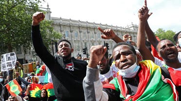 People gather to protest against the treatment of Ethiopia's ethnic Oromo group, outside Downing Street in London, Britain, July 3, 2020. (Reuters)