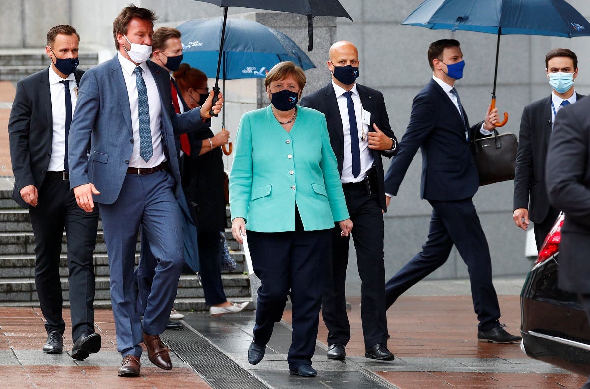 German Chancellor Angela Merkel leaves the European Parliament after attending a plenary session in Brussels, Belgium, on July 8, 2020. (Reuters)