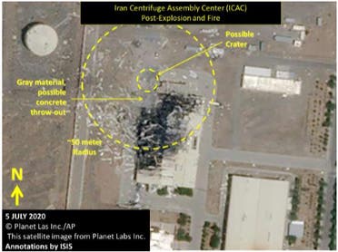 Figure 6.  The ICAC Building as it appeared in this July 5, 2020 Planet Labs satellite image as published by CNN and AP, showing the location of a possible crater and the approximate blast and damage area from the explosion and fire. (Screengrab: Institute for Science and International Security report.)
